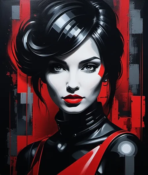 Prompt: picture in the style of abstract portraits, dark black and red, industrial texture, feminine affluence, texture rich, eye-catching, neotraditional 