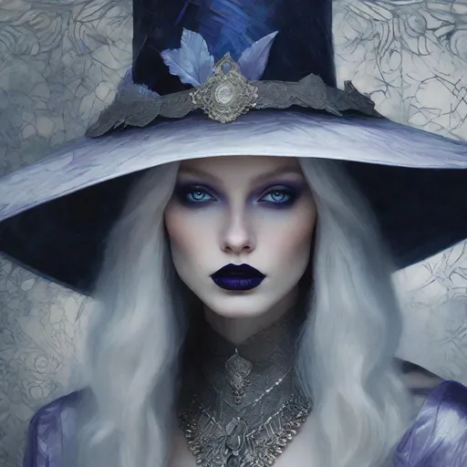 Prompt: A very beautiful albino girl witch, Violet eyes, heavy blue eyeliner, black lipstick,  long hair, pointy hat, black and silver ethereal clothes art by  William Oxer, Nickolas Muray, Aliza Razell, Charles Robinson, esao Andrews. Ethereal background, Mixed media, 3d, extremely detailed, intricate, high definition, crisp quality 