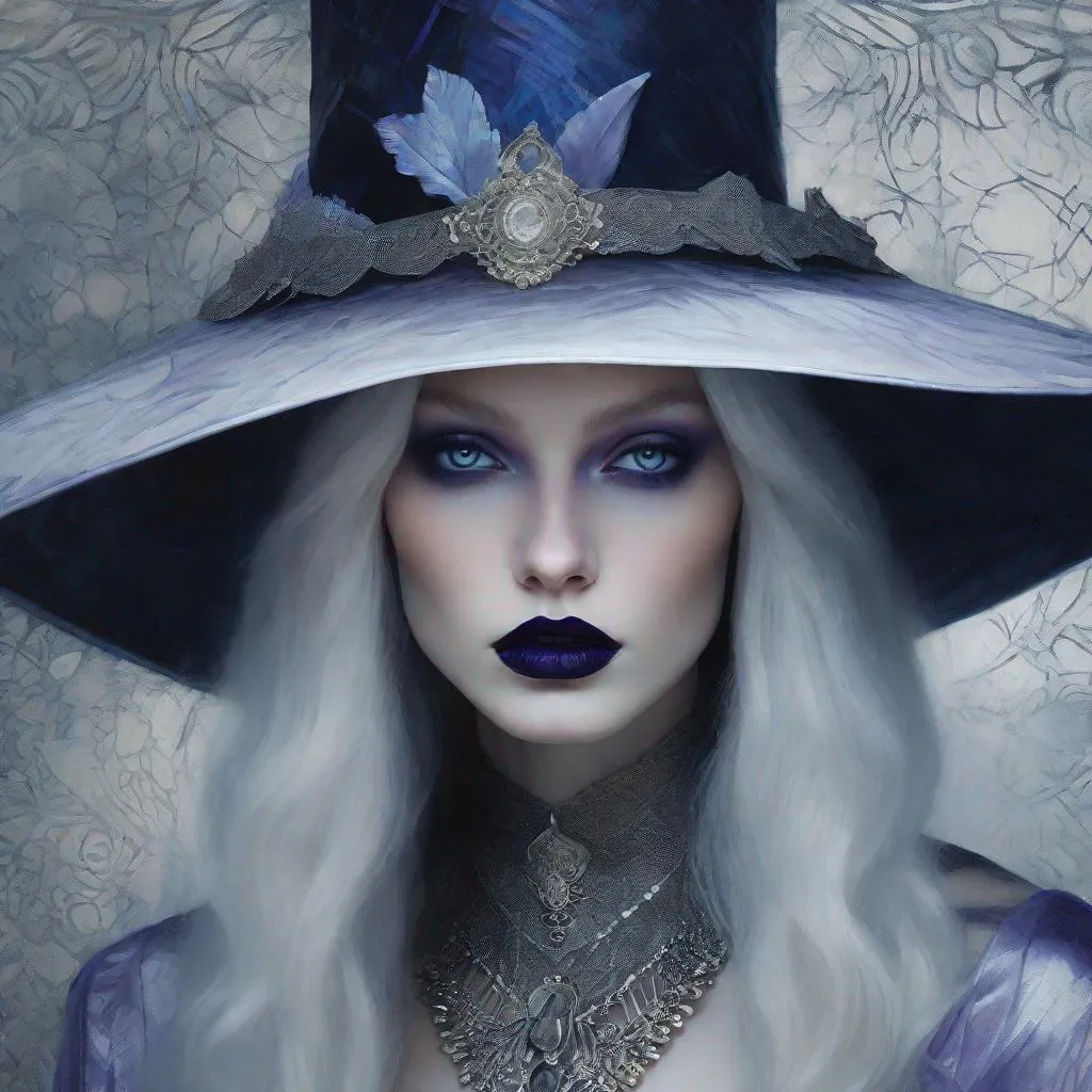 Prompt: A very beautiful albino girl witch, Violet eyes, heavy blue eyeliner, black lipstick,  long hair, pointy hat, black and silver ethereal clothes art by  William Oxer, Nickolas Muray, Aliza Razell, Charles Robinson, esao Andrews. Ethereal background, Mixed media, 3d, extremely detailed, intricate, high definition, crisp quality 