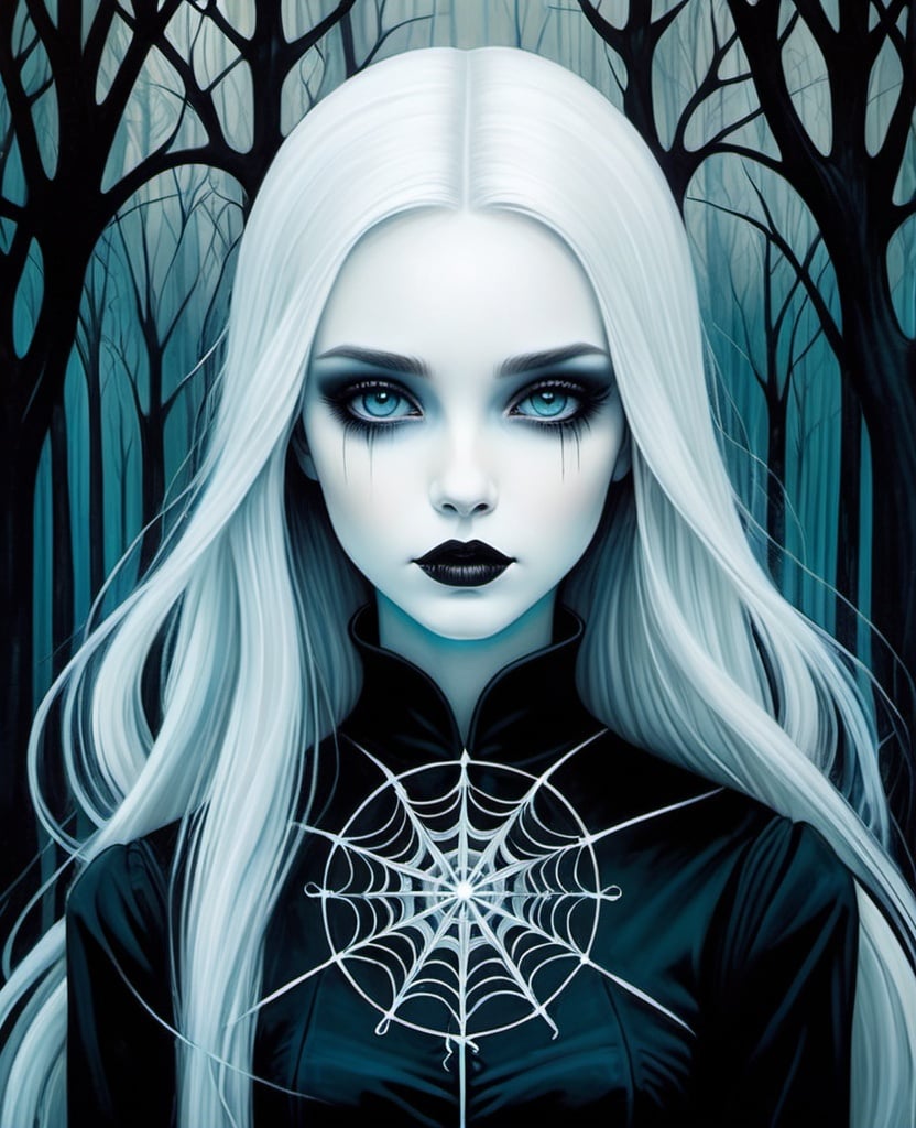 Prompt: Iren Horrors, caia koopman, Bernard Buffet, Daniel Merriam, eerie beautiful ghostly girl in a horror wonderland, pale face, infinity, holographic, dark, glow gothic, 