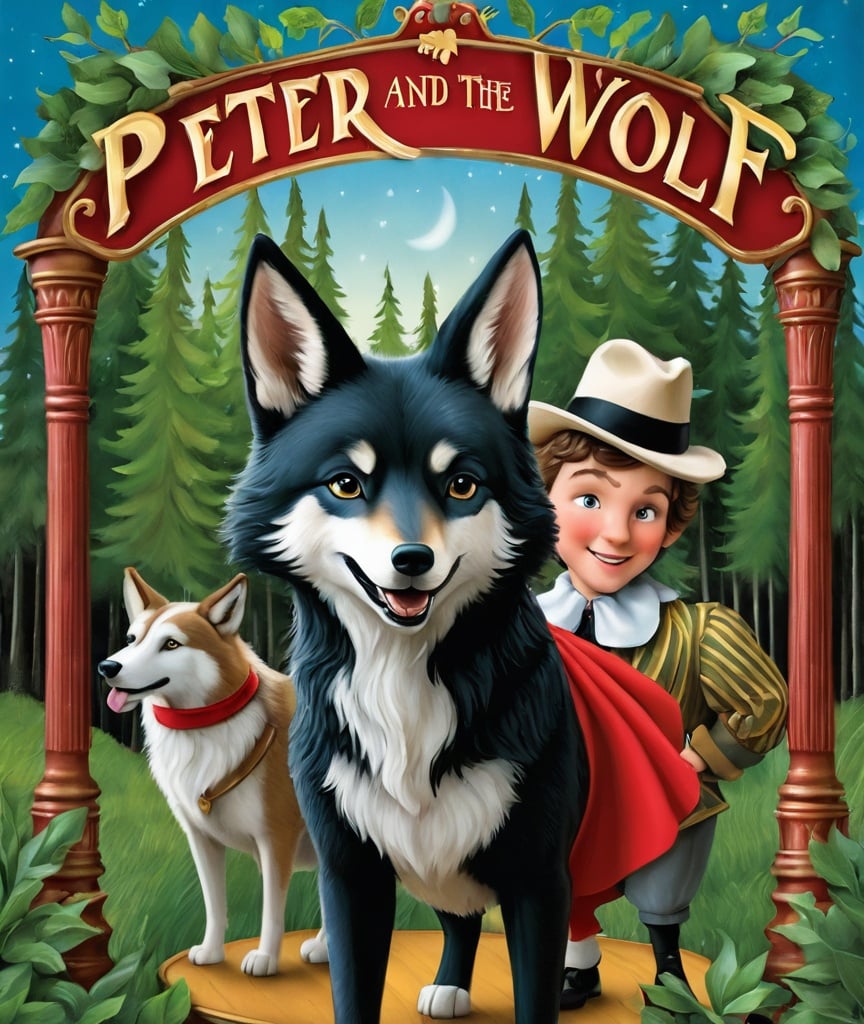 Prompt: "Peter and the Wolf", vaudeville-style, children book, 3d, extremely detailed 