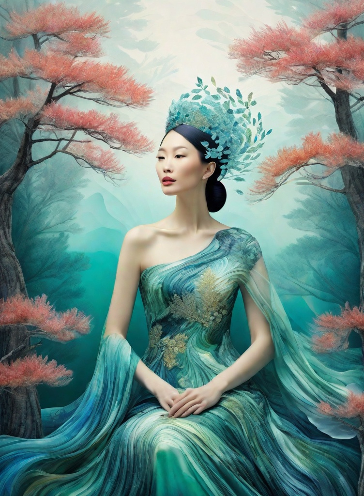 Prompt: multi exposure, goddess of love with pearl masterpiece coniferous, 3/4 portrait, fashion editorial art by Lin Fengmian, Anna dittmann, Justin Gaffrey, John Lowrie Morrison, Patty Maher, John Ruskin, Chris Friel, van Gogh, Valerie Hegarty, endre penovac. 3d, soft colors watercolors and ink, beautiful, fantastic view, extremely detailed, intricate, best quality, highest definition, rich colours 3d, extremely detailed, intricate, beautiful, high definition 