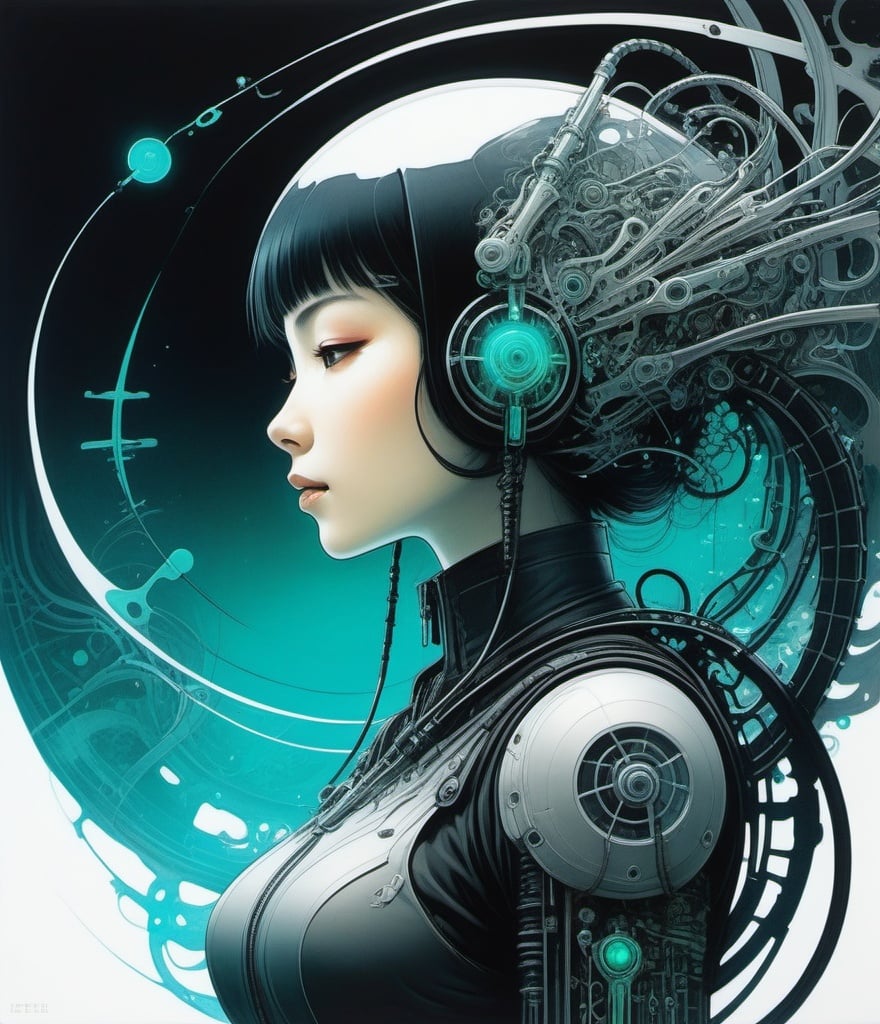 Prompt: the symphonic maiden, creative and inventive yet modest and simple painting combining elements of Tsutomu Nihei and Biomechanical Art Style with elements of fluorescence art 