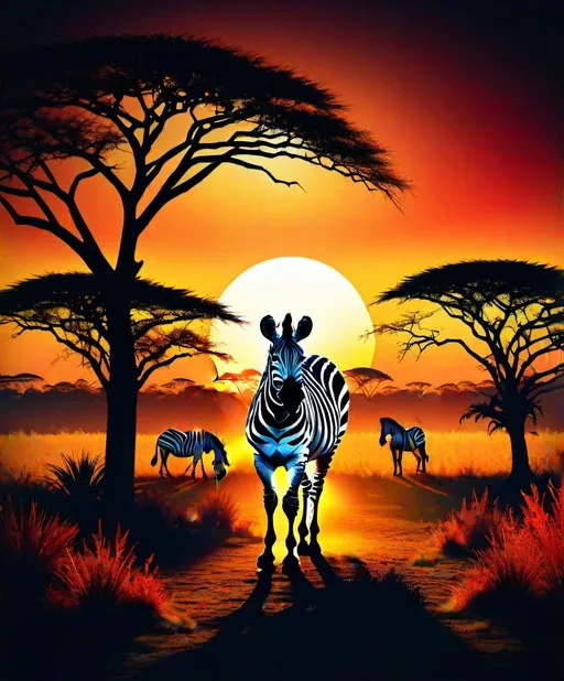 Prompt: photonegative refractographwide majestic isometric zebra silhouette double exposure with savanna sunset acacia trees warm hues yellow orange red vintage distressed texture overlay::2