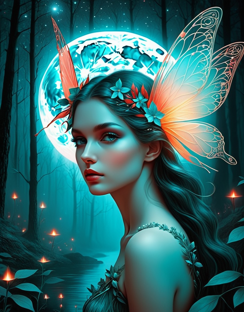 Prompt: Anaglyph, Beautiful fire moonlight forest fairy , style by Aleksi Briclot, tom bashaw and catrin welz-stein, surreal dream. Extremely detailed, intricate, beautiful, high definition 