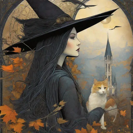 Prompt: A beautifull gothic witch and her fluffy bicolor magical cat art style by Masaaki Sasamoto, Philip Treacy, Hedi Xandt, Eduard Veith, William Wray,  Christian Schloe, endre penovac, catrin welz Stein, Mondrian, James jean. High quality, highly detailed, intricate details.dynamic lighting award winning fantastic view ultra detailed high definition hdr focused glow shimmer