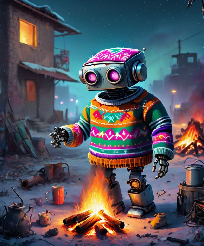 Prompt: A robot wearing an ugly sweater in colorful Mexican style, shabby clothes style, robot Chappie, apocalyptic environment and a bonfire in cold night 