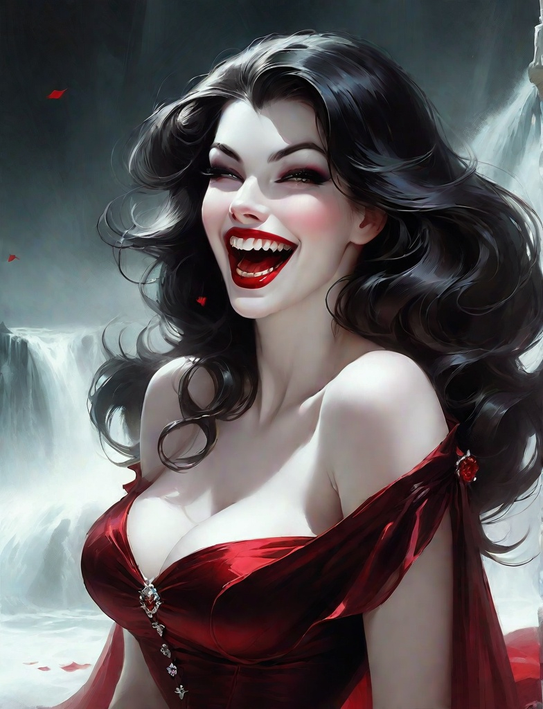 Prompt: laughing vampire woman with long fangs. Beautiful. Pale skin. Ruby lips. Dark flowing hair. Art by Gil Elvgren.