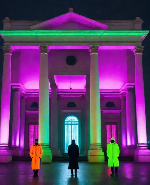 Prompt: neon bifrost of Georgian Architecture, by akos major, minimal figures in neon coats