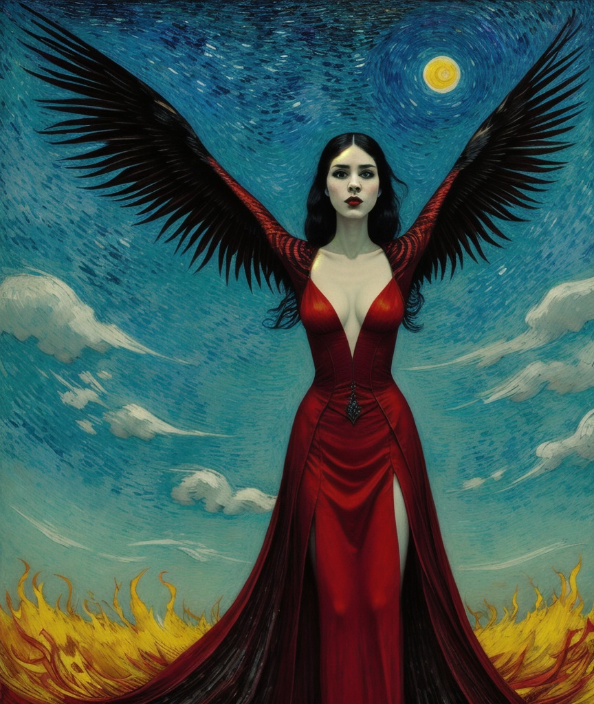 Prompt: like a phoenix she will rise and claim her revenge, the heroic female vampire standing tall against the world, vaudeville, modernist, Lin Fengmian, Anna dittmann, Justin Gaffrey, John Lowrie Morrison, Patty Maher, John Ruskin, Chris Friel, van Gogh, Valerie Hegarty, endre penovac