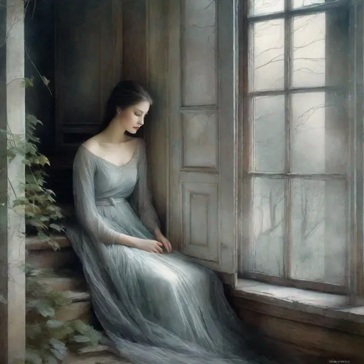 Prompt: A very beautiful dreamy ghostly young lady, very pretty face, remains alone and eternally sad  waiting sitting in her porch for her long lost love to return art by Daria Endresen, John Reuss, Lin Fengmian, Robert Ryman, Elger Esser, Rimel Neffati. 3d, watercolors and ink, beautiful, fantastic view, extremely detailed, intricate, best quality, highest definition