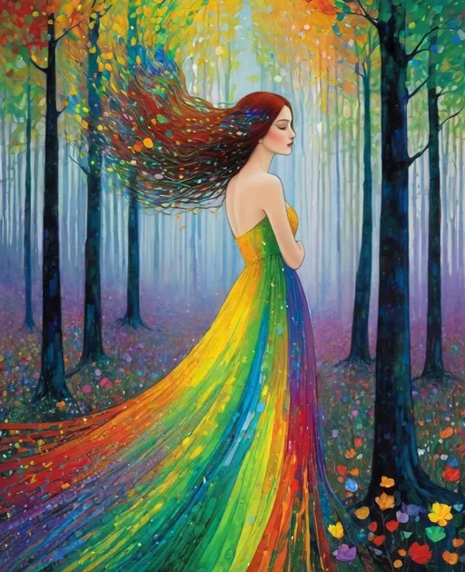 Prompt: She comes in colors everywhere She combs her hair She's like a rainbow Coming, colors in the air Oh, everywhere She comes in colors, Gustav Klimt *Carboniferous Forest* 