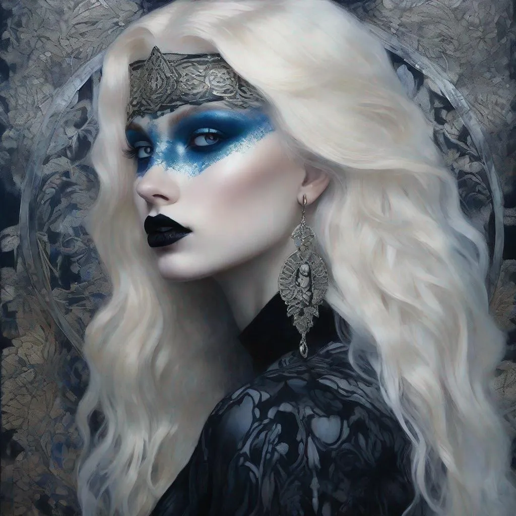 Prompt: A very beautiful albino girl witch, Violet eyes, heavy blue eyeliner, black lipstick,  long hair, black and silver ethereal clothes art by  William Oxer, Nickolas Muray, Aliza Razell, Charles Robinson, esao Andrews. Ethereal background, Mixed media, 3d, extremely detailed, intricate, high definition, crisp quality 