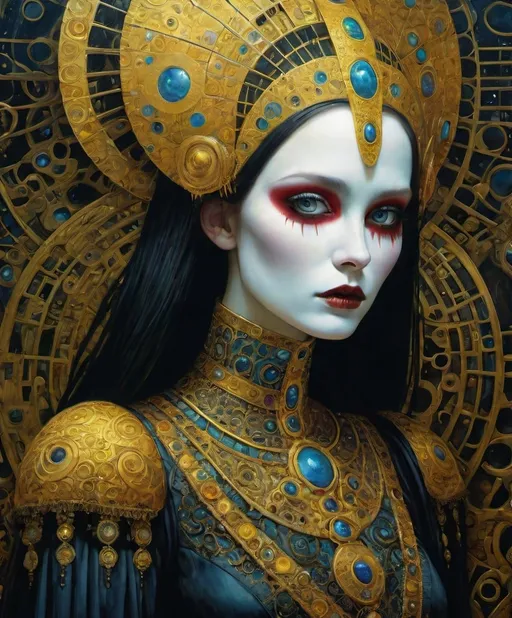 Prompt: Art by Klimt, Glen Orbik, Chris Leib, Daniel Merriam, Grant Morrison, Mothmeister, she is almost passable as human, Why don't you take off your human costume, girl?, macabre horrific, highly detailed , rich in colors
