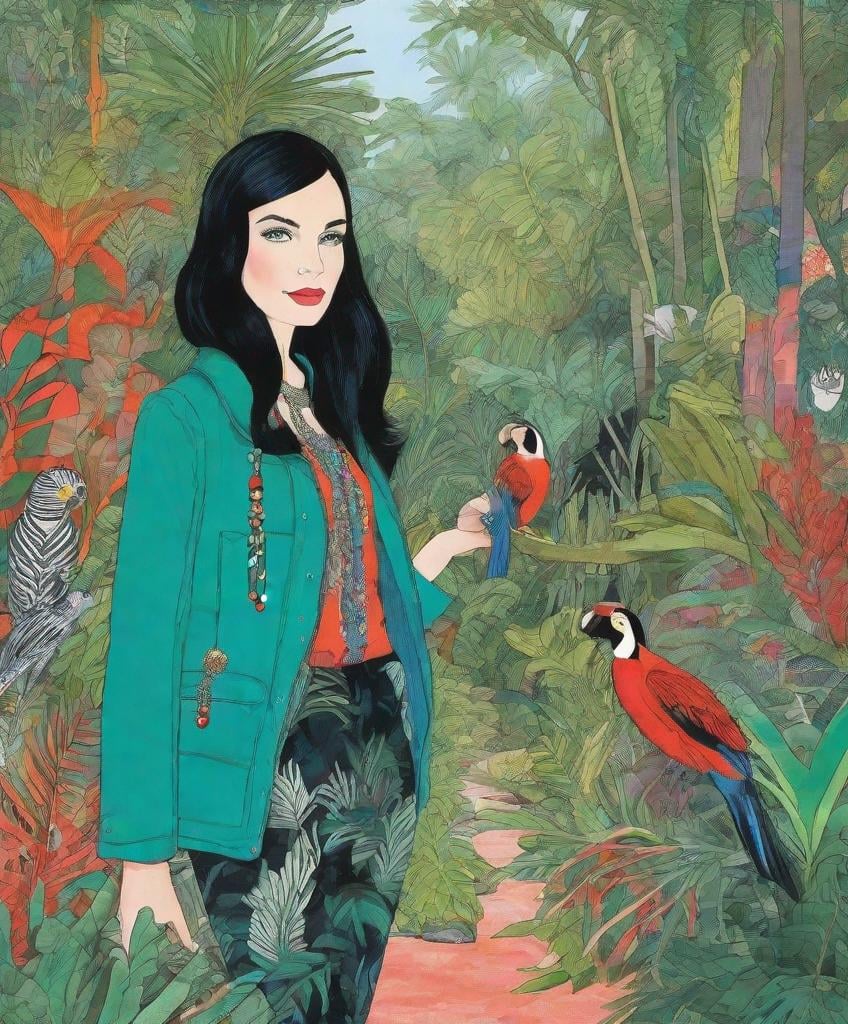 Prompt: Joost Swarte, Julie Arkell, Jolly beautiful Justine, jade eyes, jet black hair, jaz age coral long jacket, jasper blue, full of jewelry, jogging in the jungle, 