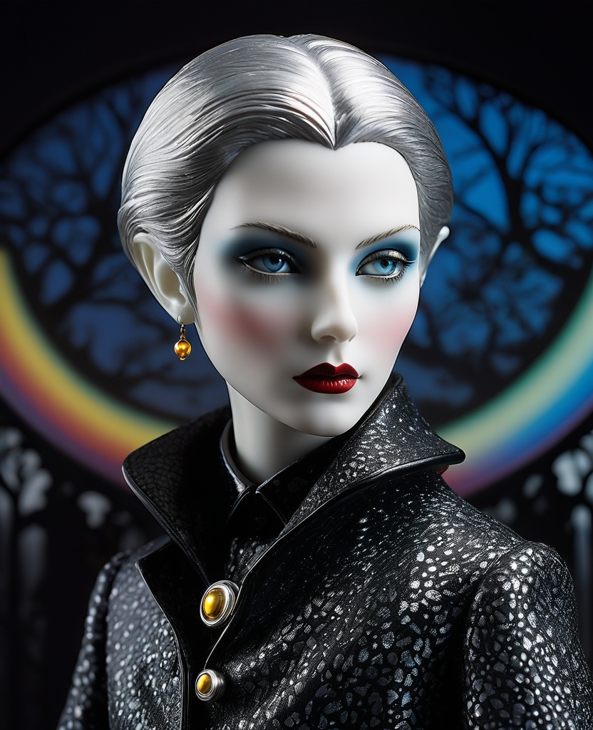 Prompt: magical electric bifrost vampire in fornasetti style, by laurie simmons 