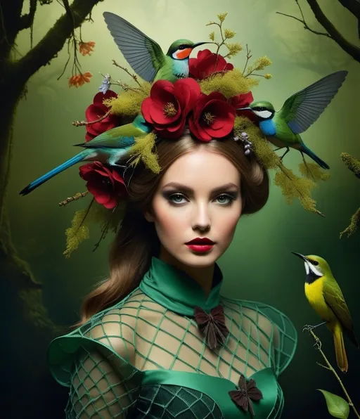 Prompt: a model with bird in head, with flowers on her face, in the style of chiaroscuro portraitures, Dave McKean, Peter Kemp, Taras Loboda, light green and dark crimson, constructed photography, birds & flowers, realistic depictions, girl with flowers and leaves on her head and insects and dragonflies and moss and birds and netting and lots of netting and bows, creativity, boldness, birdsong and flowers, half photo, stylized photography,elaborate costumes, surrealistic dreamlike scenes 