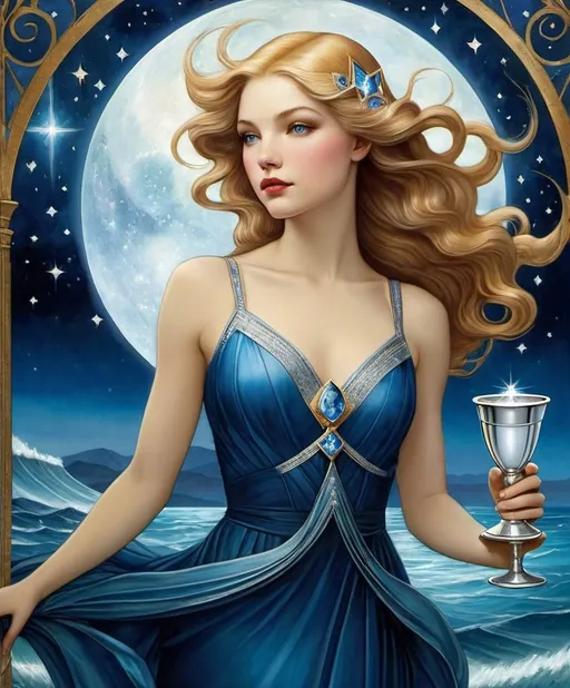 Prompt: style by Michael Shapcott, Julian Schnabel, Christian Schloe, Steve Kelley, Sophie Delaporte, Amanda Sage; Summon Serena, a sapphire-eyed siren, standing serenely beneath a star-strewn sky, surrounded by shimmering sapphire streams, sporting a satin gown, and sipping from a silver chalice