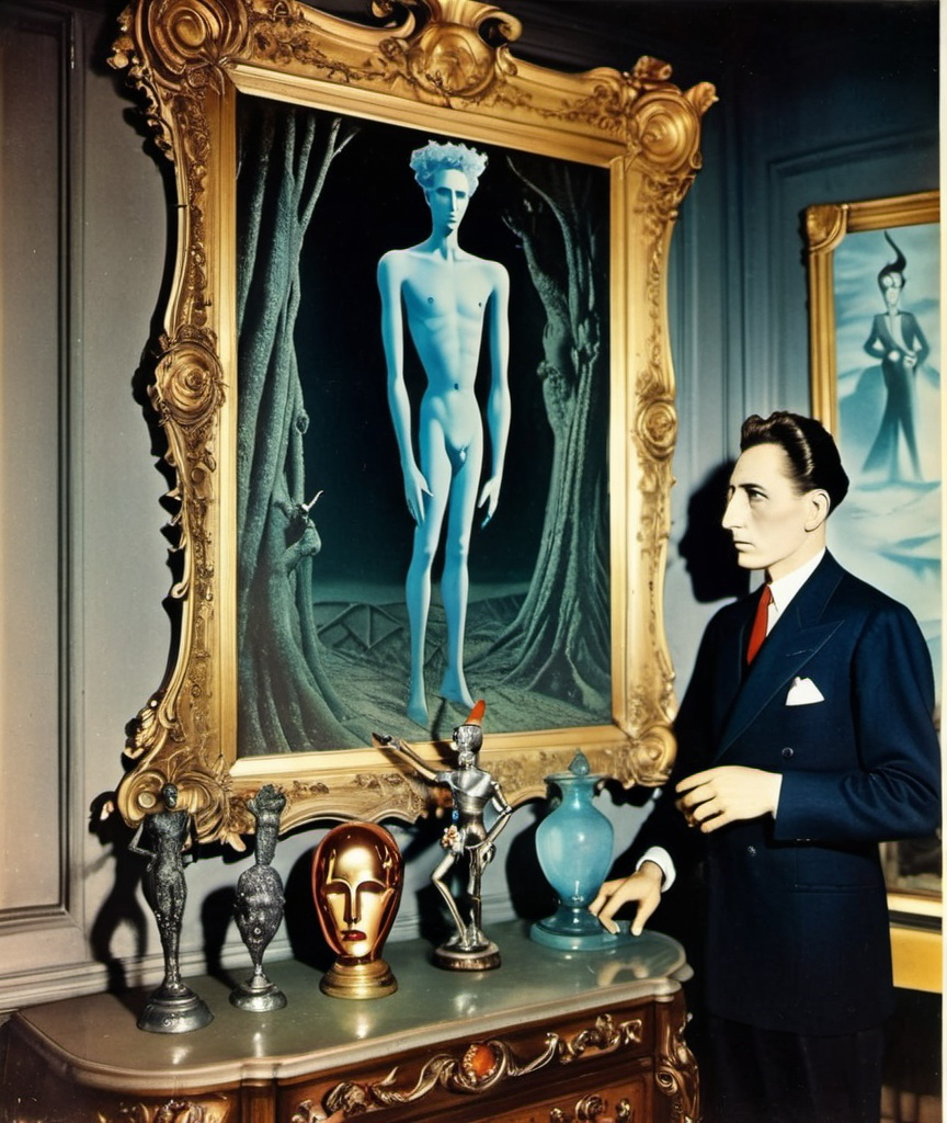 Prompt: vintage full color relic photograph surrealistic nightmare terror kitsch, Jean Cocteau, Michael Cheval