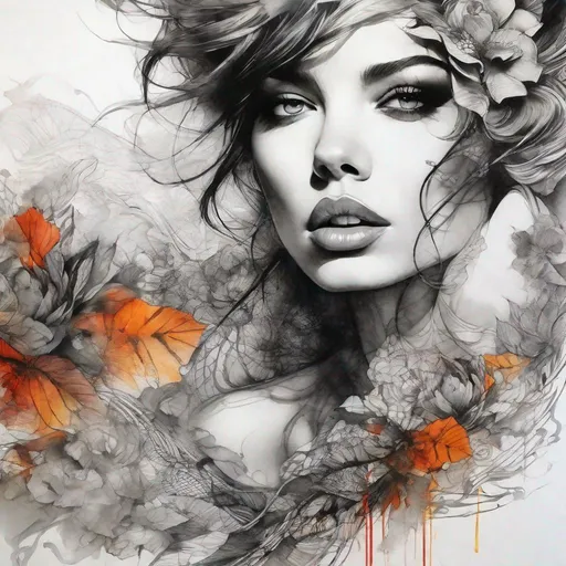 Prompt: Female beauty Portrait Art by Gabriel Moreno, through graphic and elegant images, lines that show beauty and hide fragility, fear, ephemeron, sensuality, and tattoo lines, coursing through the skin of the figure and revealing what its beauty hides. Highly detailed, intricate, beautiful, high definition, fantastic view. 3d, Watercolors and Ink, intricate details, volumetric lighting