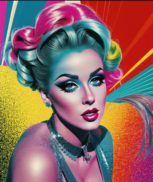 Prompt: makeup by artemis & photography. photo by lauren emery, in the style of pop art advertising, dazzling cityscapes, uhd image, solarization effect, sunrays shine upon it, 1980s, dotted, modern interpretation of Vaudeville 