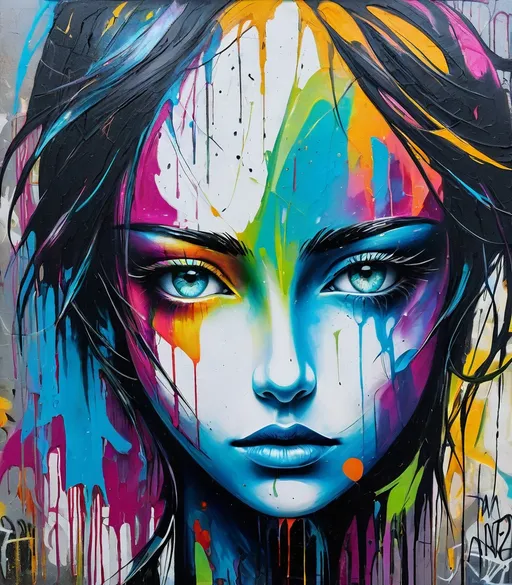 Prompt: She, who walks alone, has a memorable face and iridescent eyes for the ages Abstract Expressionist  pre rephaelite graffiti 