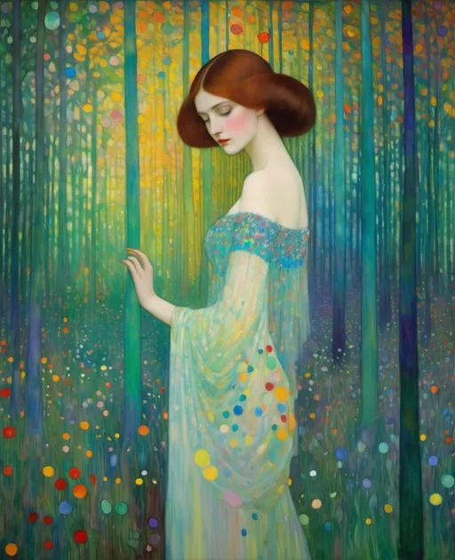 Prompt: The beautiful young lady, She comes in colors everywhere She combs her hair She's like a rainbow Coming, colors in the air Oh, everywhere She comes in colors, Gustav Klimt, Carboniferous Forest