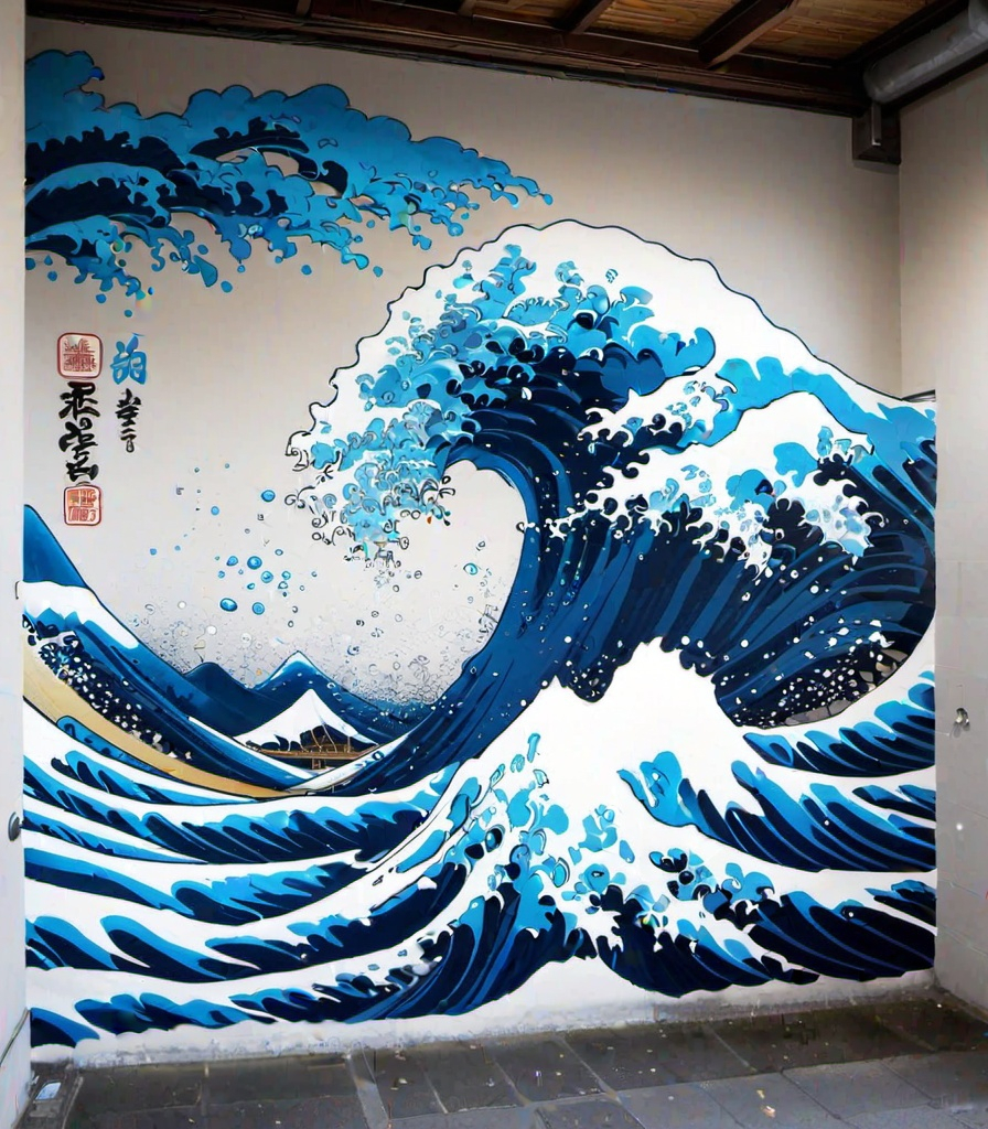 Prompt: giant Hokusai wave graffiti overflowing the walls becoming real water