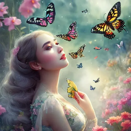 Prompt: A pretty girl catching butterflies in style of Yulia Brodskaya, Highly detailed, intricate, beautiful, high definition, fantastic view. 3d, Watercolors and Ink, intricate details, volumetric lighting