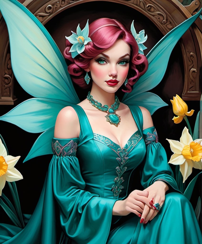 Prompt: Darling dazzling Diane, a deep dark daydreamer girl, delirious destiny daffodil dragon, dull turquoise, dusty rose, Deep teal, style by Diane Dillon, David Rowe, David Bowers, Danny O'Connor, Dean Crouser, David Salle, David Rees