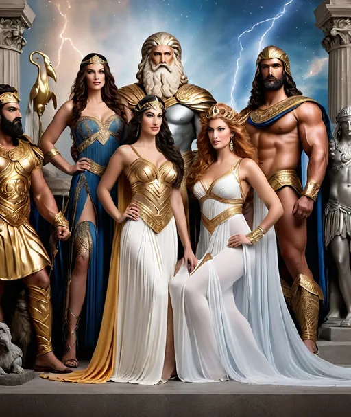 Prompt: Vaudeville Greek Mythology: Photo-realistic photo, Zeus and Hera posing, with the other gods and goddesses, for a family portrait 