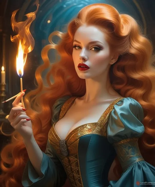 Prompt: Ginger Vampire pin up firey freakshow, kaleidoscopic toothpick waves, Agostino Arrivabene, Sabbas Apterus