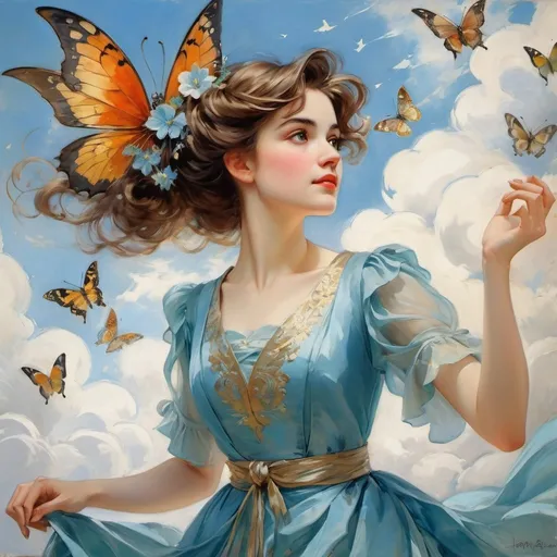 Prompt: By Harrison Fisher, Kaffe Fassett, John Frederick Lewis, Frederick Catherwood, Meet Molly, a young woman with a sparkle in her eyes, a hair of butterflies, soaring through the clouds on the back of a stunning dragon, across the azure sky. Impasto, oil painting.