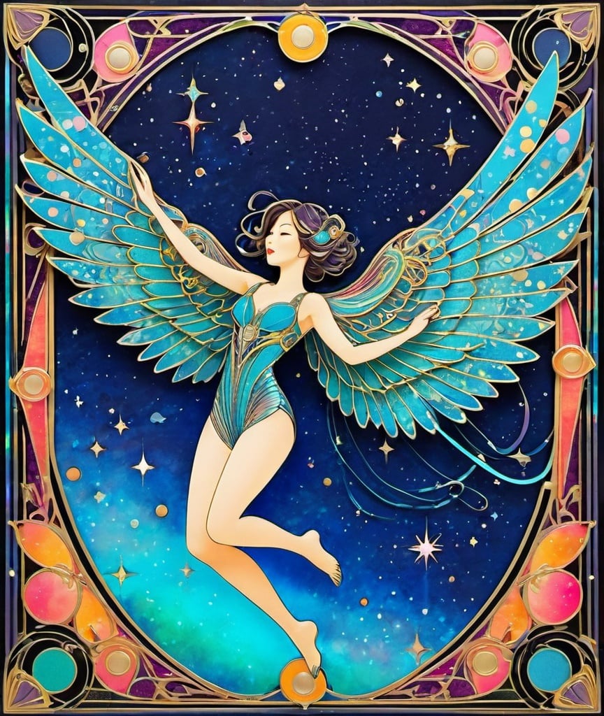 Prompt: ergonomic wings in space, retro-futurism aesthetic, pastiche in the style of Yoshitaka Amano, dynamic pose, patterned scrapbooking paper craft inspired, patterned paper piecing, intricate art nouveau frame border, bold colors, neon, sparklecore, glittercore, celluloid