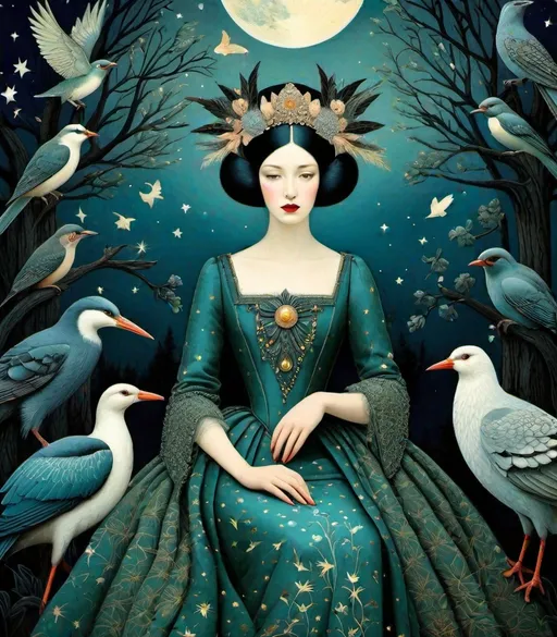 Prompt: She is a night woman surrounded by night animals style of Aline Smithson, Christian Schloe, Genevieve Godbout, Morris Hirshfield, Robert Gillmor, Amy Giacomelli. Soft pearlercent colors, Extremely detailed, intricate, beautiful, 3d, high definition