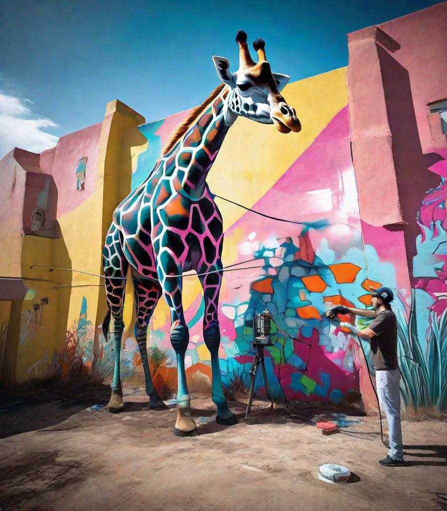 Prompt: art of a graffiti giraffe artist actively spray painting a mural out in the middle of nowhere. the giraffe is spray painting the wall of chine. coquette colors, illustration, ground level perspective, wild unique perspective of the future, Mixing surreal modernism and greek realist figurative art, with a sci fi modernist twist. 