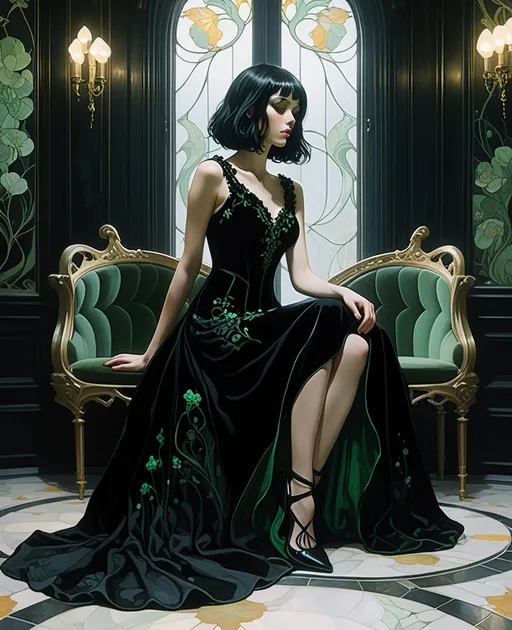 Prompt: Mead Schaeffer and Agnes Cecile style, a lonely girl sitting on an eerie art nouveau decorated room, in an beautiful black velvet dress. She has piercing green eyes, beautiful black hair, night, 4k, high quality, thick black eyelashes, a complex stunning portrait of a girl with high detail