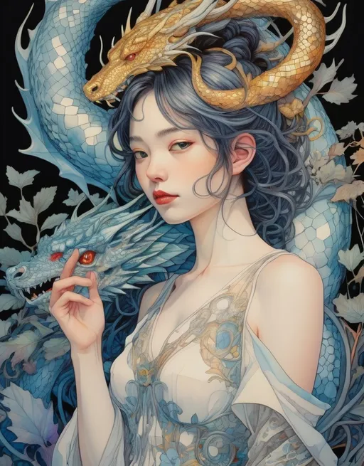 Prompt: the cheshire princess has found her joy: she has a mythical dragon protector. Whimsical Forest background. Android Jones, James Jean, takato yamamoto, Arthur Rackham. watercolor, volumetric lighting, maximalist, concept art, intricately detailed, elegant, expansive, 32k, fantastical, golden ratio principles, haunted, glass sculpture, honeycomb patterns, art by makoto shinkai, conrad roset. 3d, iridescent watercolors ink, polished finish, gradient chrome colors.