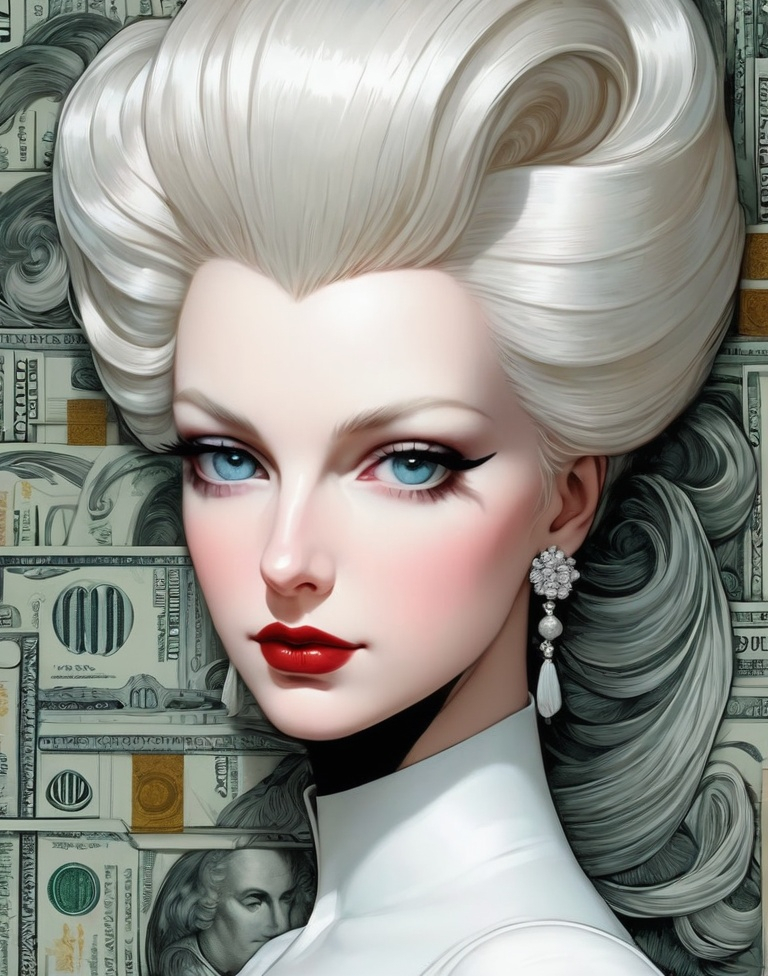 Prompt: extreme close-up portrait. Marie Antoinette Head slightly tilted. Her skin is shiny. Melancholy. Minimalist Versailles style. In the style of Patrick Nagel and etched currency portrait. By Gil Elvgren. 