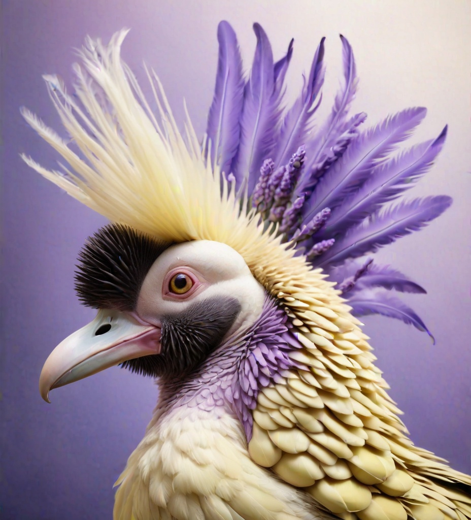 Prompt: a very rare durian bird with lavender feathers similar to a pelikan, flying side view photorealistic photo