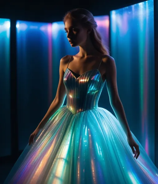 Prompt: lol wtf a holographic transparent iridescent plastic fabric ball gown in a ethereal beautiful ghostly girl, Rule of Thirds, Play with Lights and Shadows, Incorporate Lines and Patterns, Focus on the Subject, Add Depth, Use Colors to Create Mood, Capture the Details, photonegative refractograph 