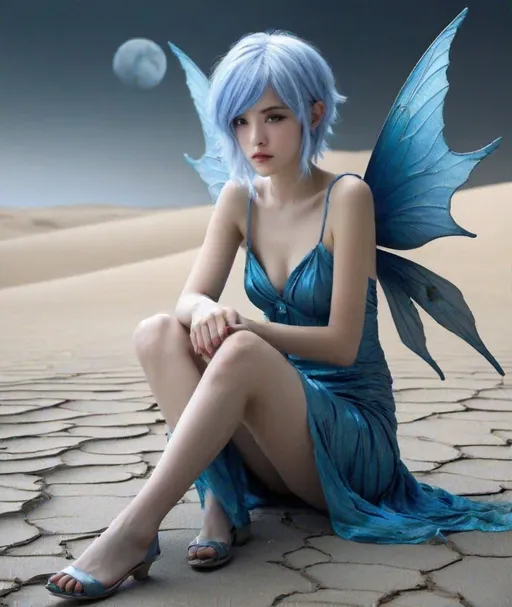 Prompt: photo-realistic beautiful slender hyper-feminine female blue-haired fairy sitting in a desolate *Bentonite* moonscape 