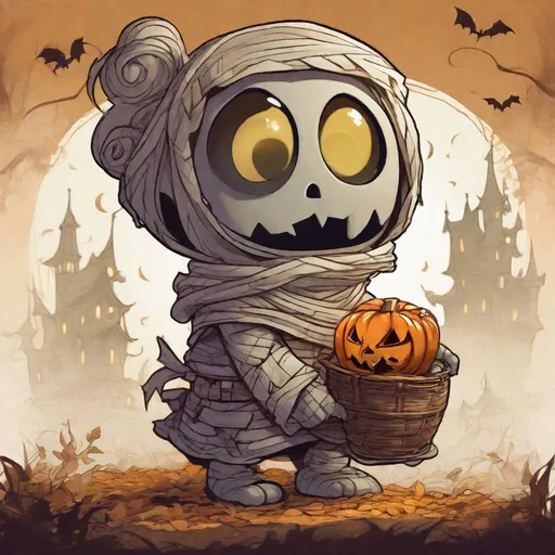 Prompt: The Sad Little Mummy Amumu, LoL, Character art, cartoon, stylized, in the style of Tony Diterlizzi and Brian Kesinger, Expressionism, Intricate detail, Brom, Trick or Treat, Halloween