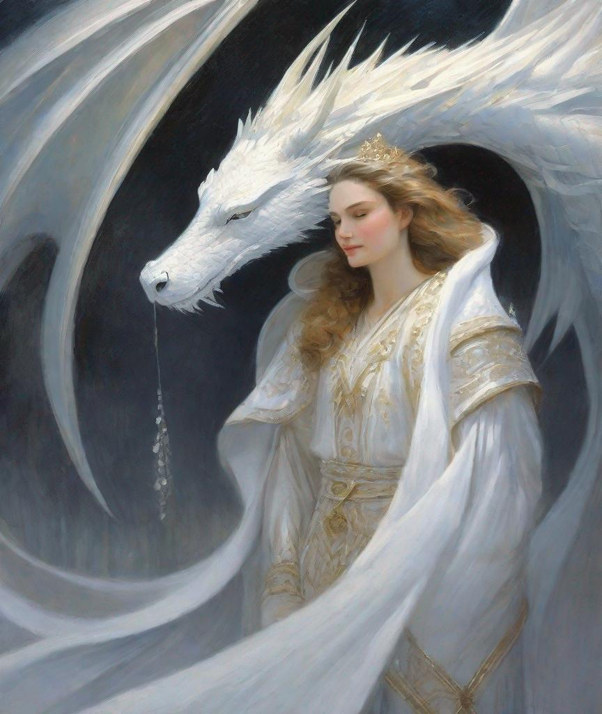 Prompt: Style of Daarken, Judith Desrosiers: full body shot, white dragon's body wrapped around the woman, a friendly, smiling scene, A white dragon with gentle, lovely eyes and a young woman in her early twenties, she has sparkling smile, 