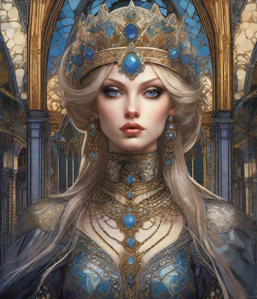 Prompt: gorgeous night queen, beautiful face, deep luminous eyes, Gothic architecture palace background, by Adi Granov, Sarah Joncas, Raphael Kirchner, in the style of stephan martinière, cloisonnism, realist figure painting, Castlevania stylish, top angle, extremely detailed, peter kemp, burlesque aesthetics, hyper-detailed, soft angles, high detail, luminogram 