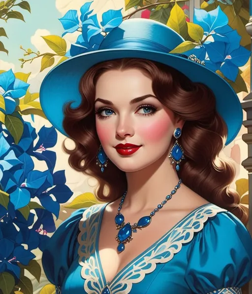 Prompt: Beautiful brave Beatrice, beloved brunette bachelorette from a bygone era, Bonafide, bewitching blue bougainvillea bonanza, Amanda Blake, Florence Broadhurst, Brom, Bill Willingham, Charles Bibbs, tom bagshaw 