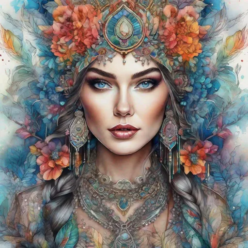 Prompt: This woman is the heart of every party in style of Yulia Brodskaya, Highly detailed, intricate, beautiful, high definition, fantastic view. 3d, Watercolors and Ink, intricate details, volumetric lighting