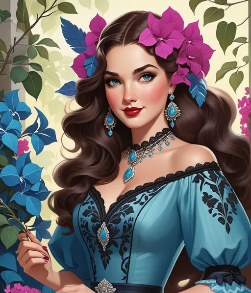 Prompt: Beautiful brave Beatrice, beloved brunette bachelorette, a bygone era, Bonafide, bewitching blue black bougainvillea bonanza, bestiary, Beatrice Alemagna, Kate Baylay, Amanda Blake, Florence Broadhurst, Brom, Bernie Fuchs, tom bagshaw, Dan Brereton