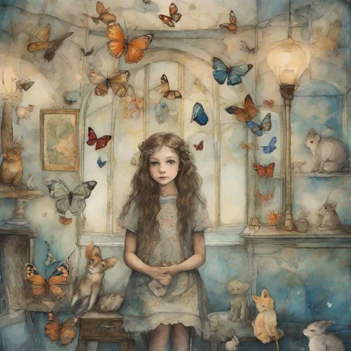 Prompt:  A cute girl in magical room with whimsical animals , butterflies and art by Florence Harrison, caia Koopman, catrin Welz Stein, Rosalba Carriera, pol Ledent, Doug Chinnery, Maud Lewis, Valerie Hegarty, Endre Penovac, Justin Gaffrey. inlay, watercolors and ink, beautiful, fantastic view, extremely detailed, intricate, best quality, highest definition, rich colours. intricate beautiful dynamic lighting award winning fantastic view ultra detailed 4K 3D high definition hdr 