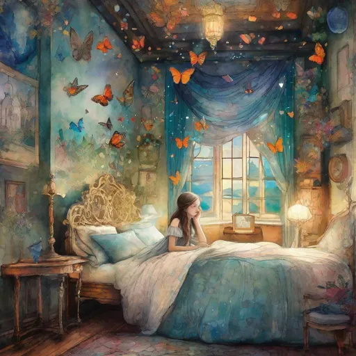 Prompt:  A cute girl in magical fantastic bedroom with whimsical animals , butterflies and art by Florence Harrison, Yulia Brodskaya, catrin Welz Stein, Rosalba Carriera, pol Ledent, Doug Chinnery, Maud Lewis, Valerie Hegarty, Endre Penovac, Justin Gaffrey. inlay, watercolors and ink, beautiful, fantastic view, extremely detailed, intricate, best quality, highest definition, rich colours. intricate beautiful dynamic lighting award winning fantastic view ultra detailed 4K 3D high definition hdr 